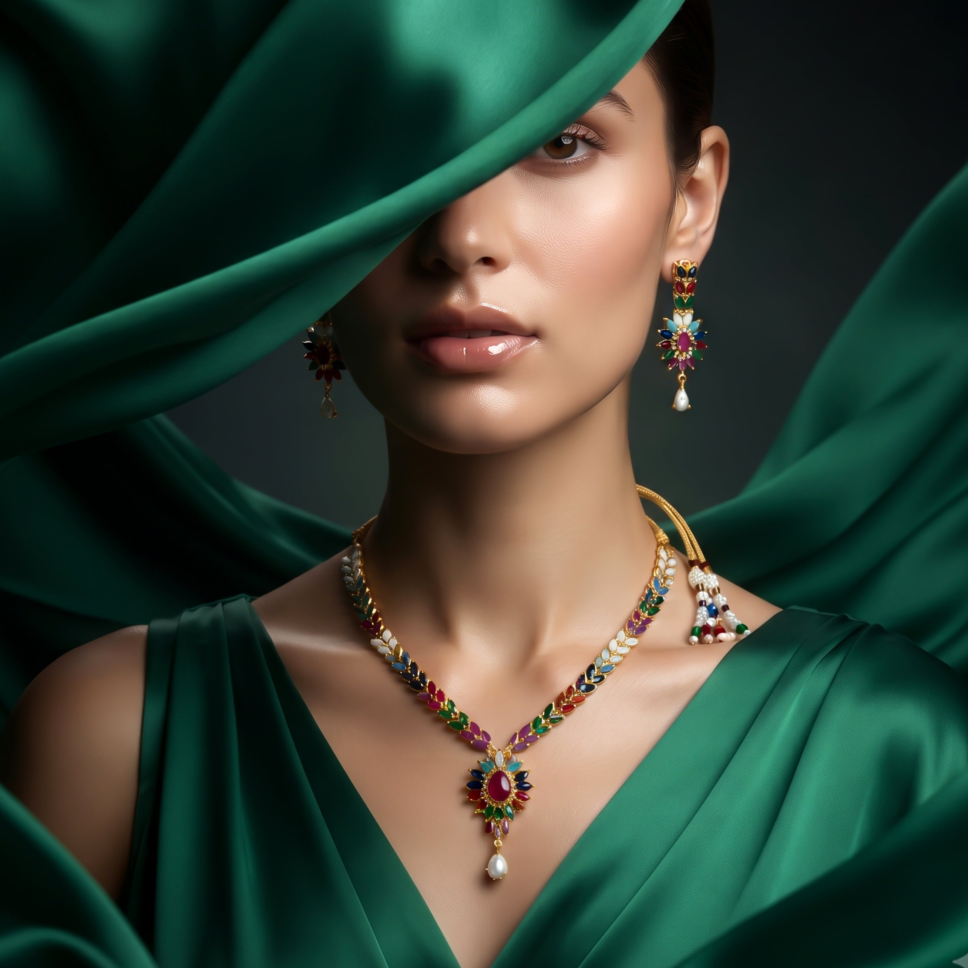 Bhavmayi Vibrant Marquise Navratna Stone and Teardrop Pearl Style Multi-Color Heritage Necklace Set with Earrings