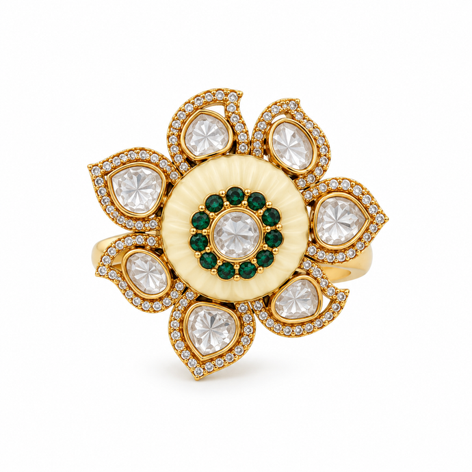 Bhavmayi Floral Green Stone Statement Ring with Clear Teardrop Accents