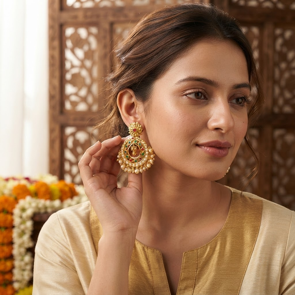 Bhavmayi Gold-Plated Multicolor Kundan Pearl Jhumka Earrings