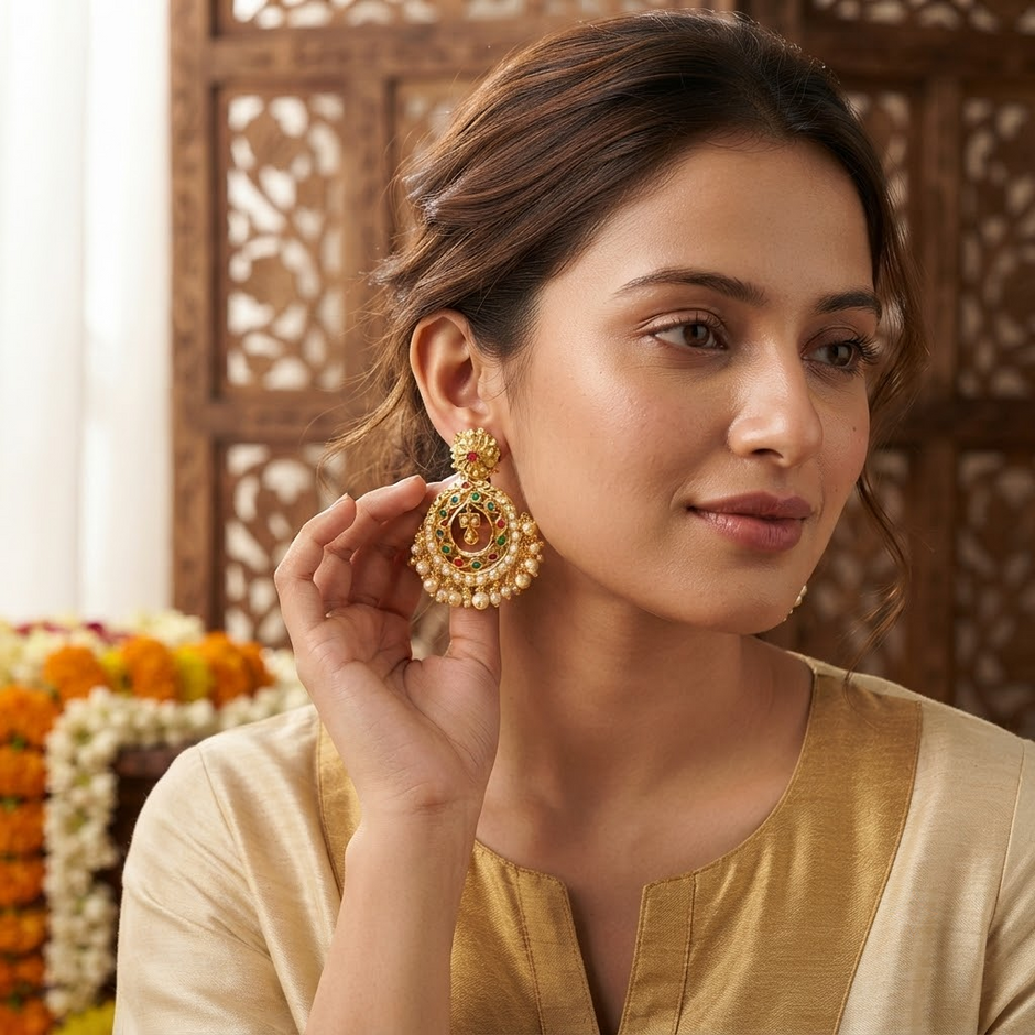 Bhavmayi Gold-Plated Multicolor Kundan Pearl Jhumka Earrings