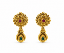 Gold-tone floral pendant necklace set displayed on white jewellery stands, featuring green and magenta-pink accents, a beaded chain, and matching earrings with green teardrop-shaped drops.