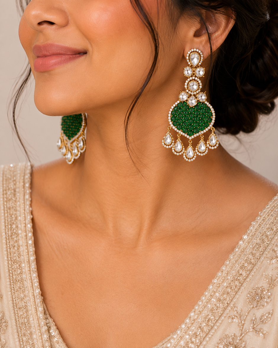 Bhavmayi Gold Plated Emerald Green Pave Shield Chandelier Earrings with Halo-Set Teardrop Dangles