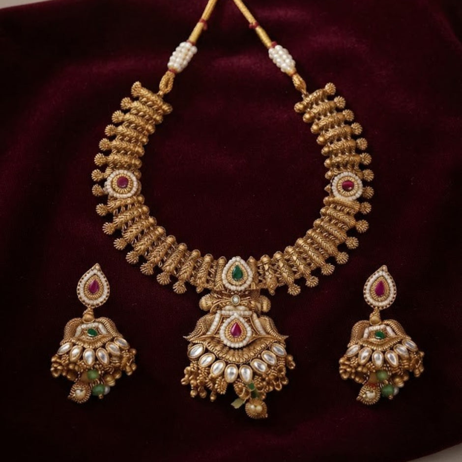 Bhavmayi Antique Gold and Polki Temple Jewellery Pendant Necklace and Earrings Set with Ruby & Emerald Accents