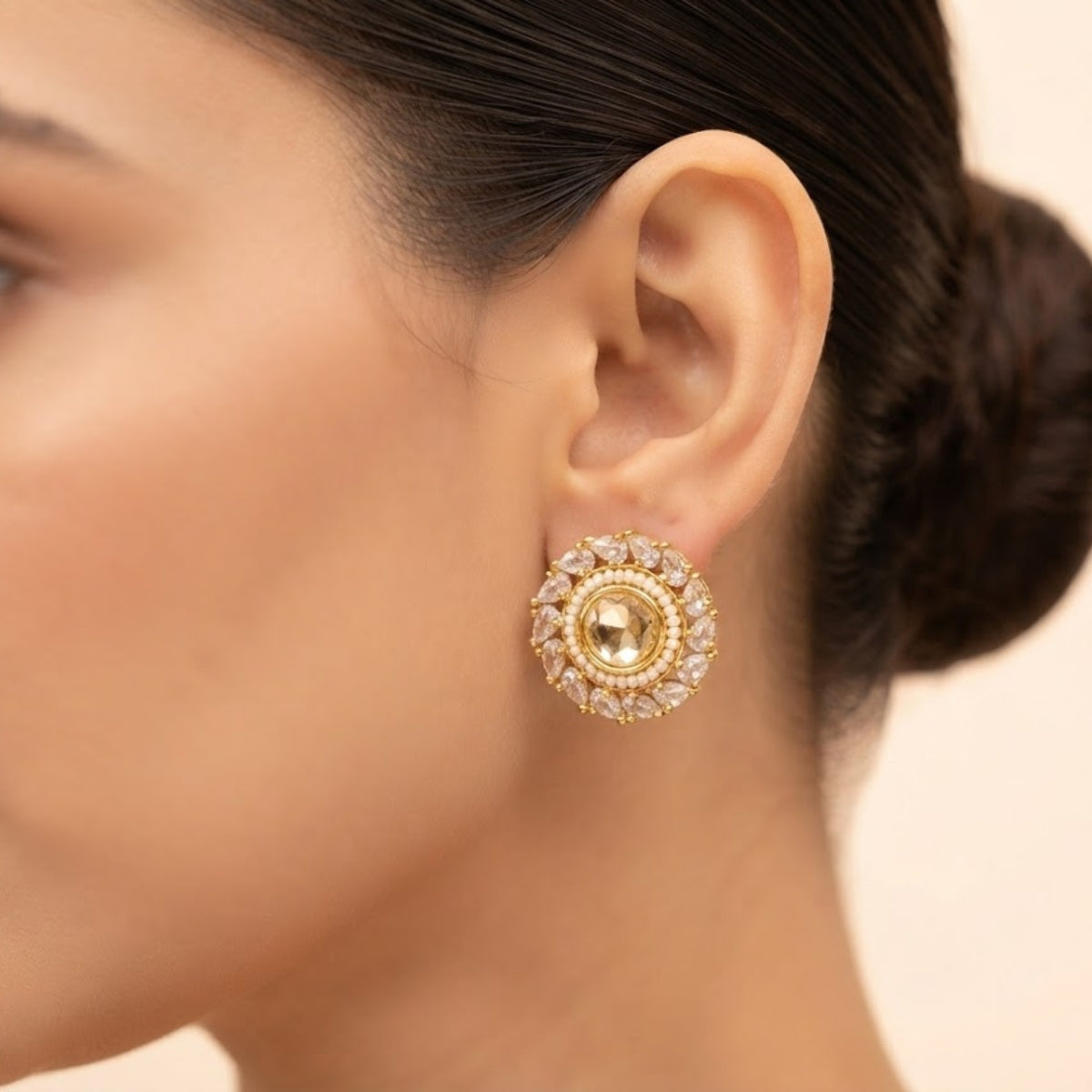 Bhavmayi Gold Plated Round Polki Kundan Stud Earrings with Pearl Halo and Pear Cut Emerald Green Gemstone Wreath