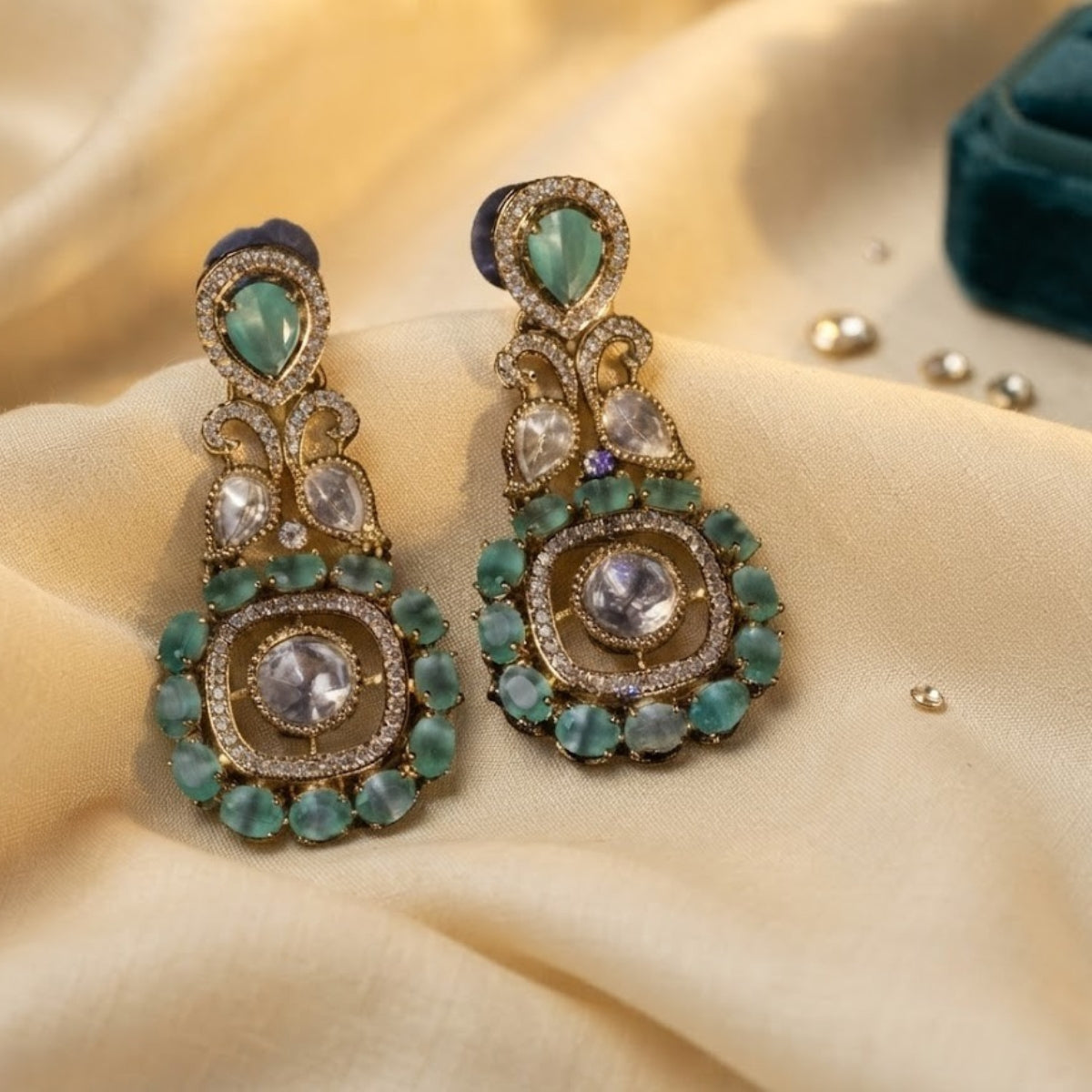 Bhavmayi Gold Plated Mint Green Quartz & Clear Crystal Kundan Medallion Chandelier Earrings