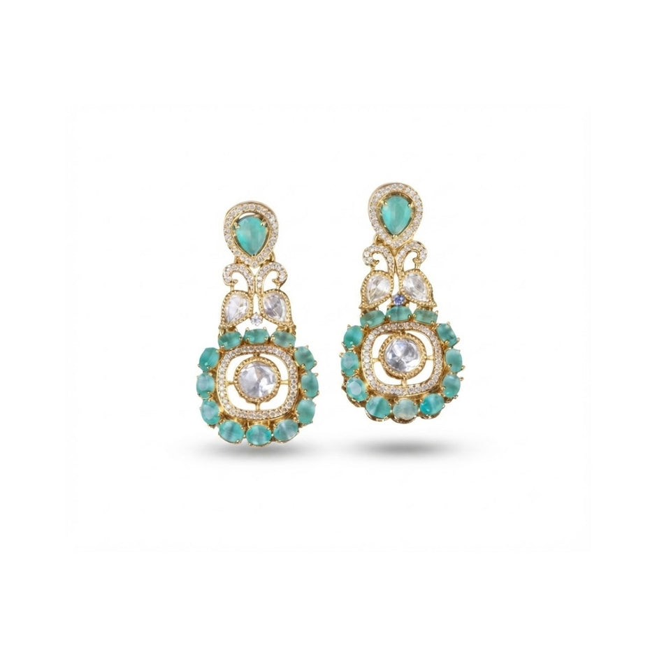Bhavmayi Gold Plated Mint Green Quartz & Clear Crystal Kundan Medallion Chandelier Earrings