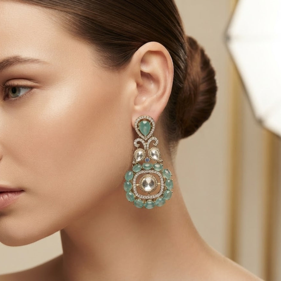 Bhavmayi Gold Plated Mint Green Quartz & Clear Crystal Kundan Medallion Chandelier Earrings