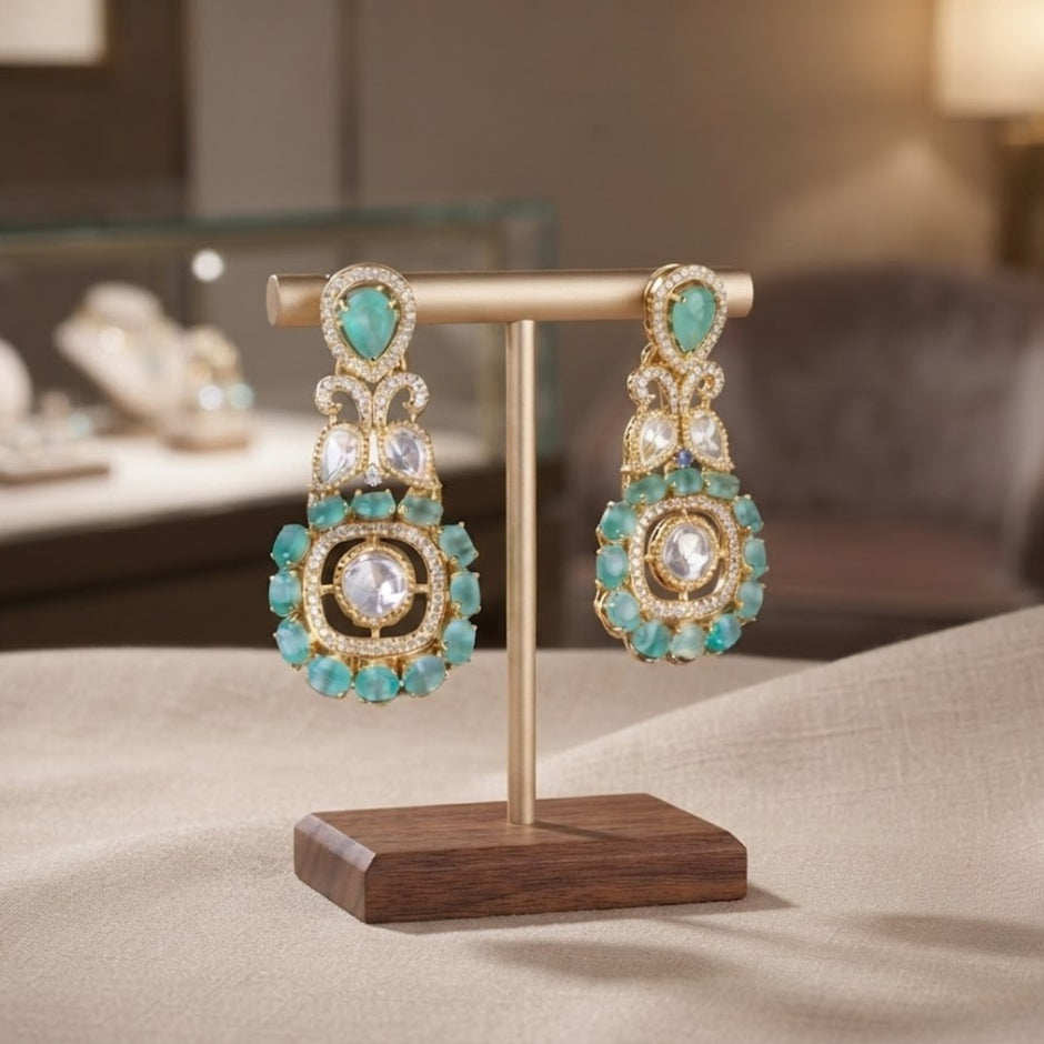 Bhavmayi Gold Plated Mint Green Quartz & Clear Crystal Kundan Medallion Chandelier Earrings