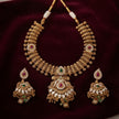 Bhavmayi Antique Gold and Polki Temple Jewellery Pendant Necklace and Earrings Set with Ruby & Emerald Accents