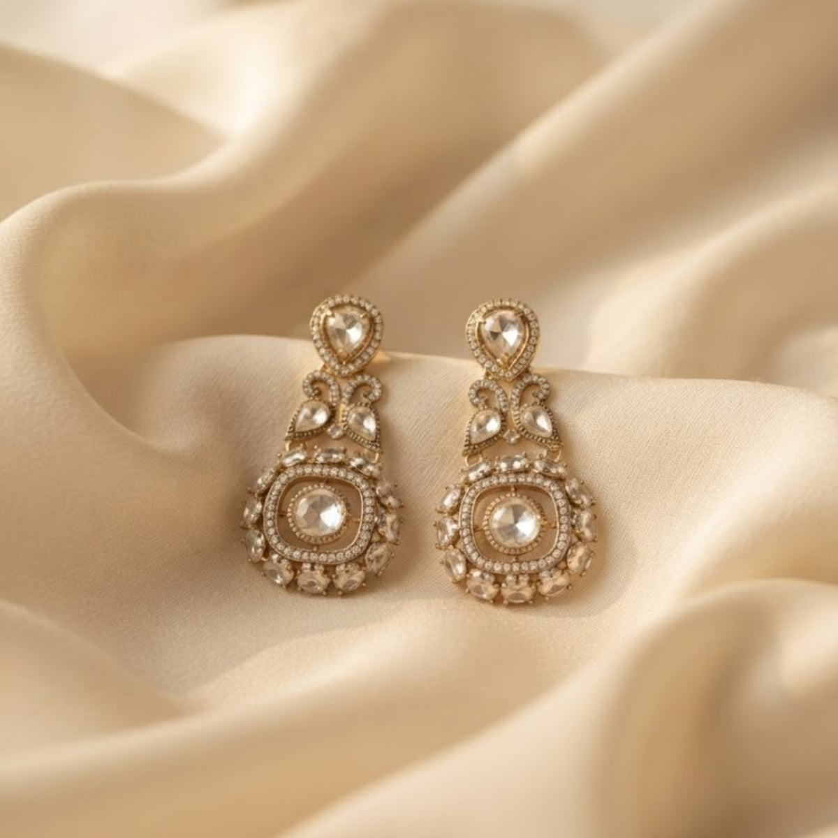 Bhavmayi Gold Plated Mint Green Quartz & Clear Crystal Kundan Medallion Chandelier Earrings