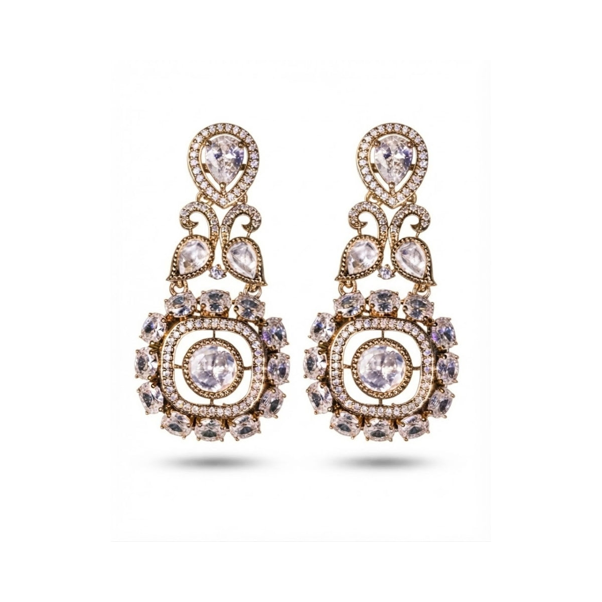 Bhavmayi Gold Plated Mint Green Quartz & Clear Crystal Kundan Medallion Chandelier Earrings
