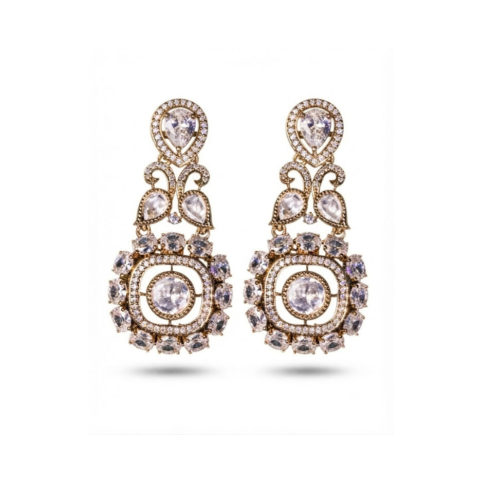 Bhavmayi Gold Plated Mint Green Quartz & Clear Crystal Kundan Medallion Chandelier Earrings