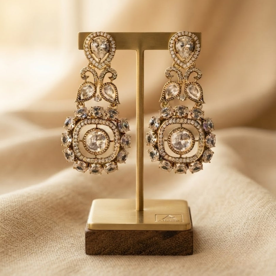 Bhavmayi Gold Plated Mint Green Quartz & Clear Crystal Kundan Medallion Chandelier Earrings