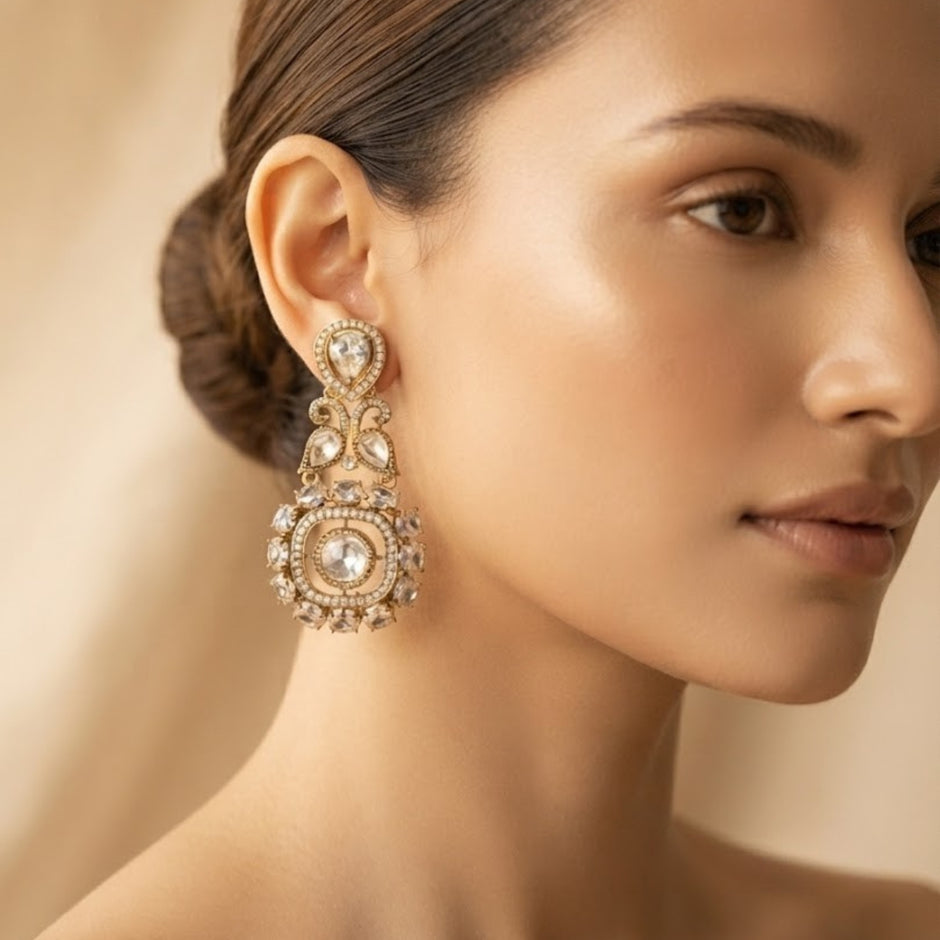 Bhavmayi Gold Plated Mint Green Quartz & Clear Crystal Kundan Medallion Chandelier Earrings