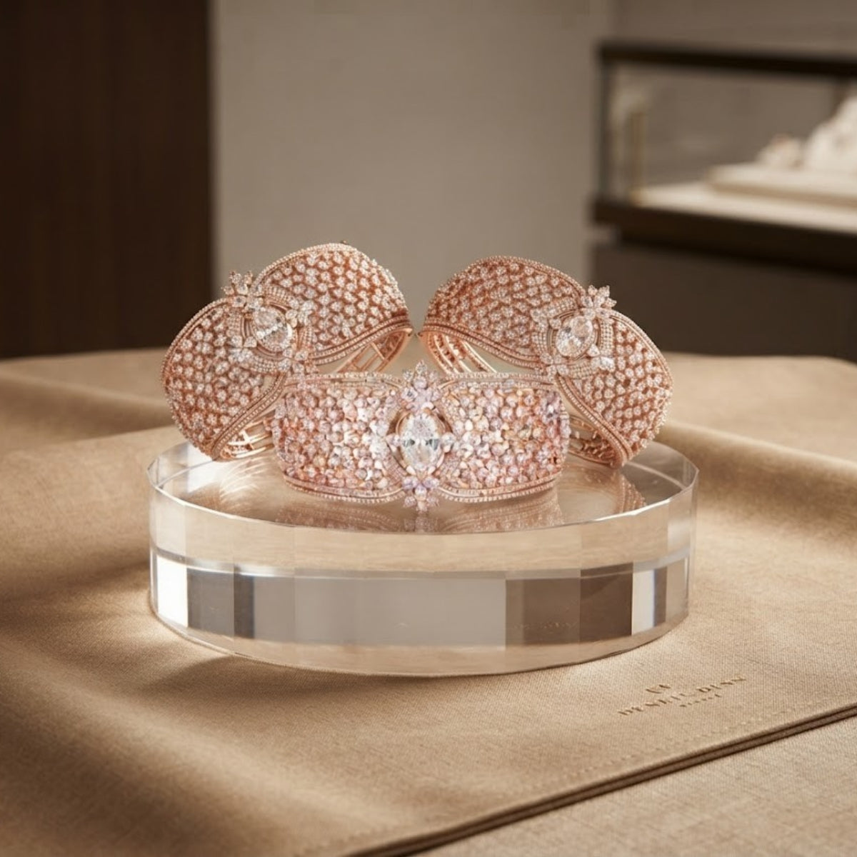 Bhavmayi Luxurious Rose Gold Oval Solitaire Cubic Zirconia Accent Statement Cuff Bracelet with Floral Lattice Pave