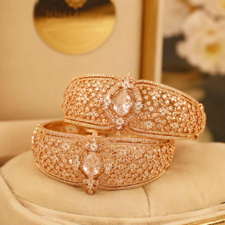 Bhavmayi Luxurious Rose Gold Oval Solitaire Cubic Zirconia Accent Statement Cuff Bracelet with Floral Lattice Pave