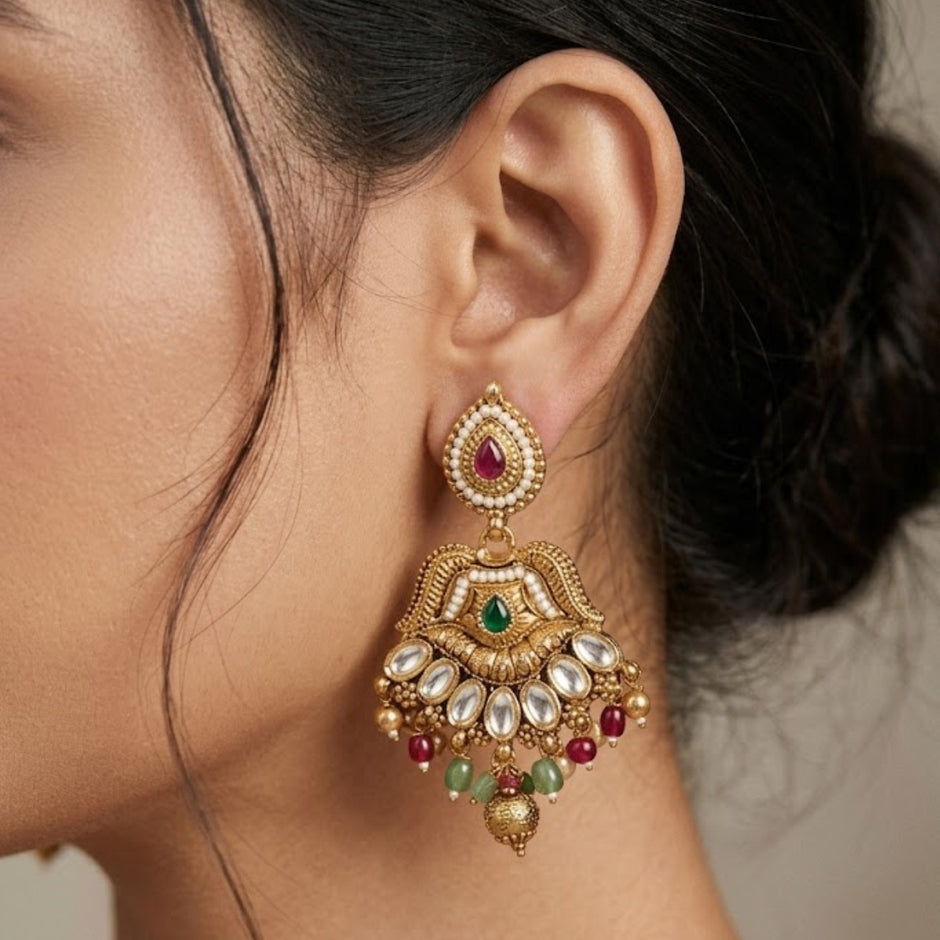 Bhavmayi Antique Gold and Polki Temple Jewellery Pendant Necklace and Earrings Set with Ruby & Emerald Accents