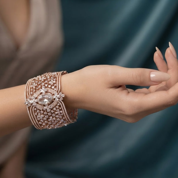 Bhavmayi Luxurious Rose Gold Oval Solitaire Cubic Zirconia Accent Statement Cuff Bracelet with Floral Lattice Pave