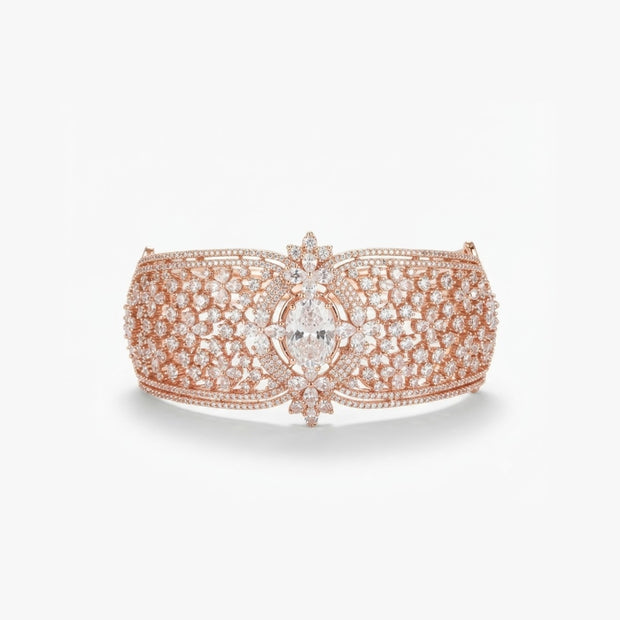 Bhavmayi Luxurious Rose Gold Oval Solitaire Cubic Zirconia Accent Statement Cuff Bracelet with Floral Lattice Pave