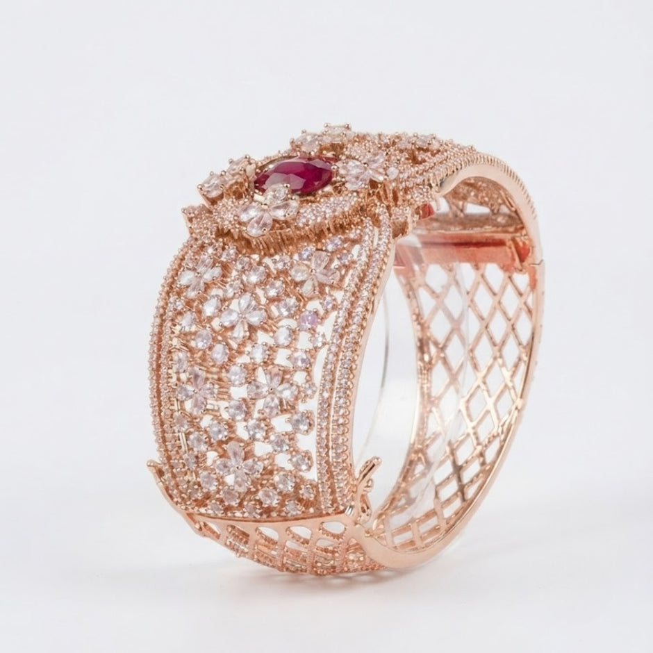 Bhavmayi Luxurious Rose Gold Oval Solitaire Cubic Zirconia Accent Statement Cuff Bracelet with Floral Lattice Pave
