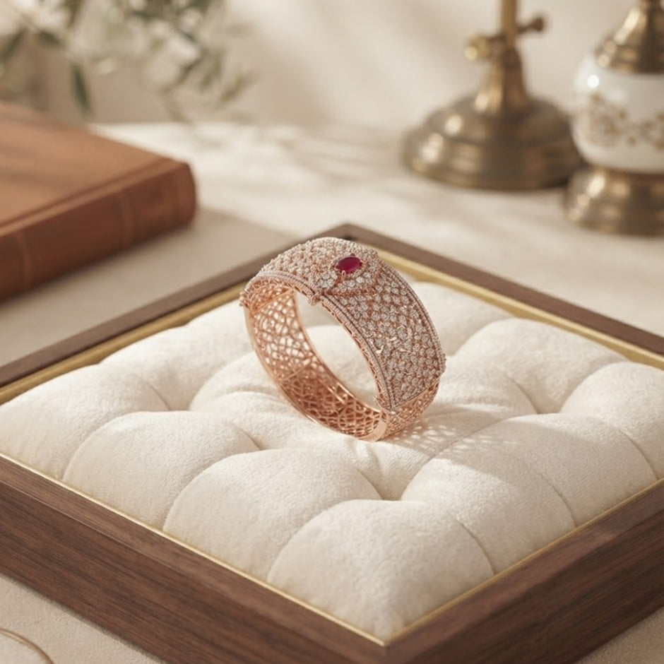Bhavmayi Luxurious Rose Gold Oval Solitaire Cubic Zirconia Accent Statement Cuff Bracelet with Floral Lattice Pave
