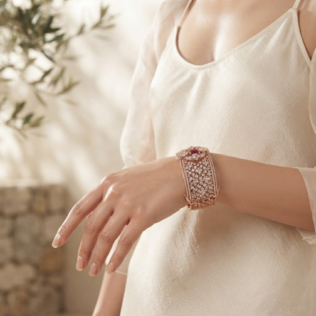Bhavmayi Luxurious Rose Gold Oval Solitaire Cubic Zirconia Accent Statement Cuff Bracelet with Floral Lattice Pave