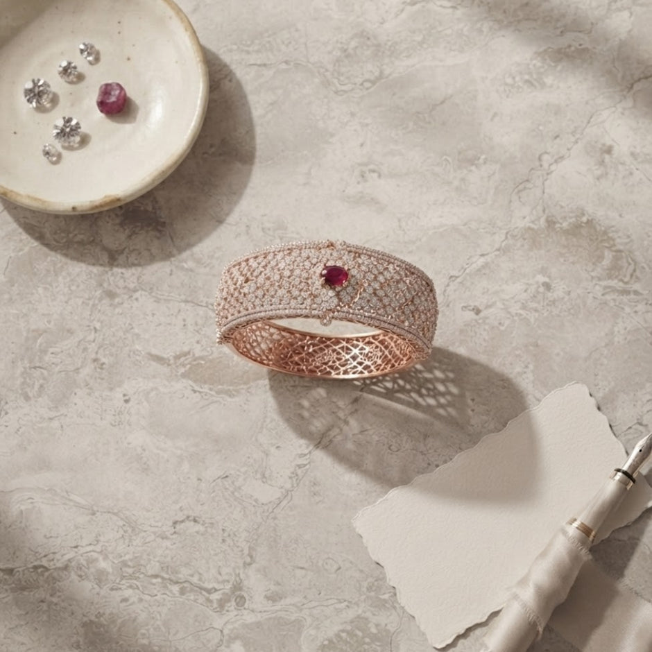 Bhavmayi Luxurious Rose Gold Oval Solitaire Cubic Zirconia Accent Statement Cuff Bracelet with Floral Lattice Pave