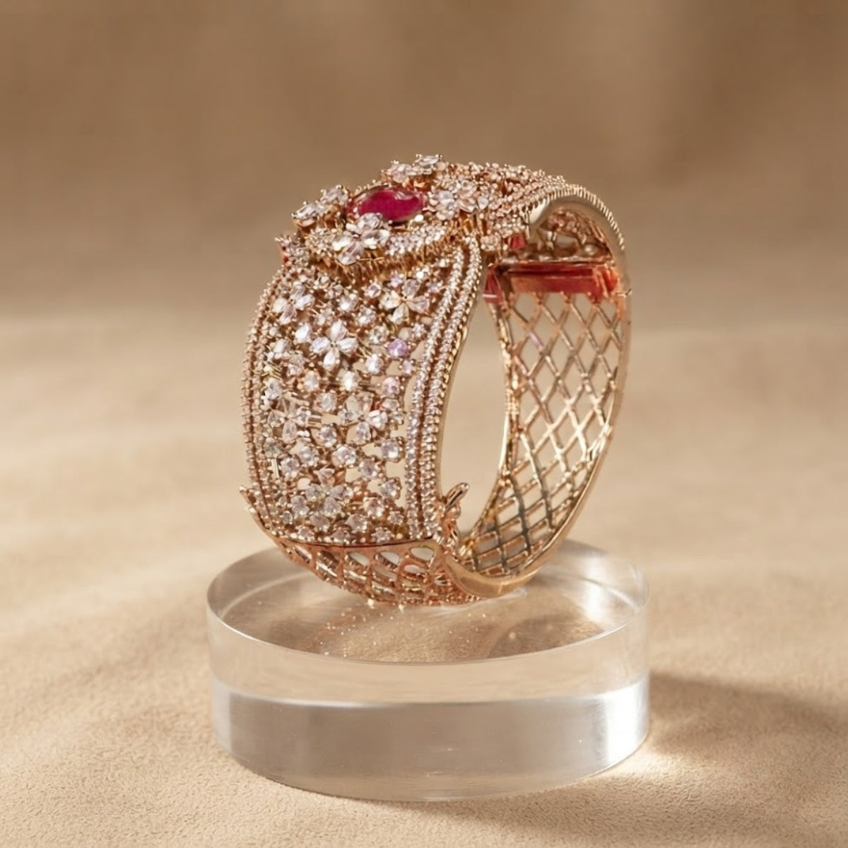 Bhavmayi Luxurious Rose Gold Oval Solitaire Cubic Zirconia Accent Statement Cuff Bracelet with Floral Lattice Pave