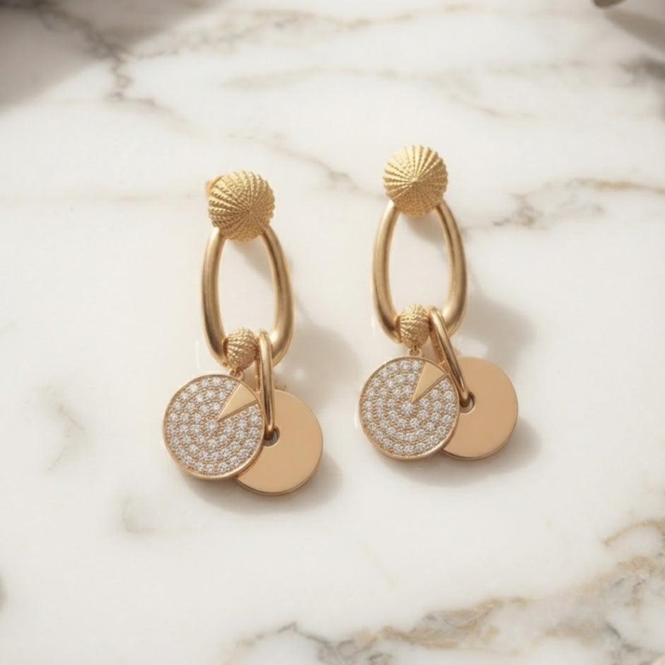 Bhavmayi Rose Gold Plated Curved Half-Hoop Earrings with Pave Crystal & Nude Enamel Dual Disc Charms