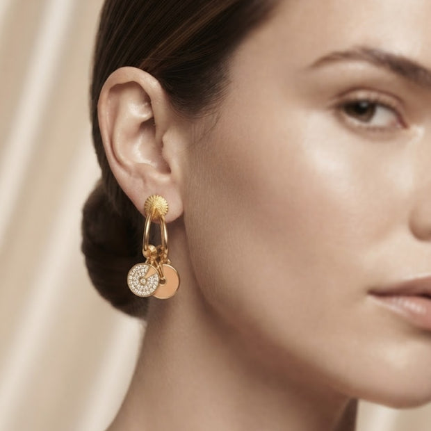Bhavmayi Rose Gold Plated Curved Half-Hoop Earrings with Pave Crystal & Nude Enamel Dual Disc Charms