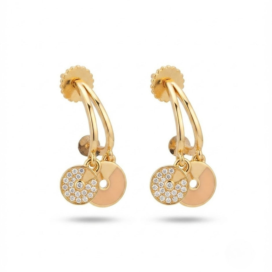 Bhavmayi Rose Gold Plated Curved Half-Hoop Earrings with Pave Crystal & Nude Enamel Dual Disc Charms