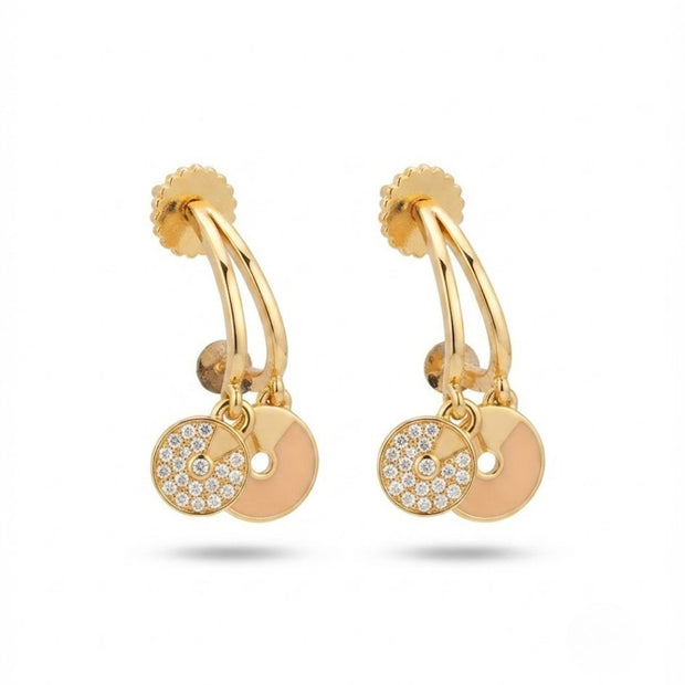 Bhavmayi Rose Gold Plated Curved Half-Hoop Earrings with Pave Crystal & Nude Enamel Dual Disc Charms