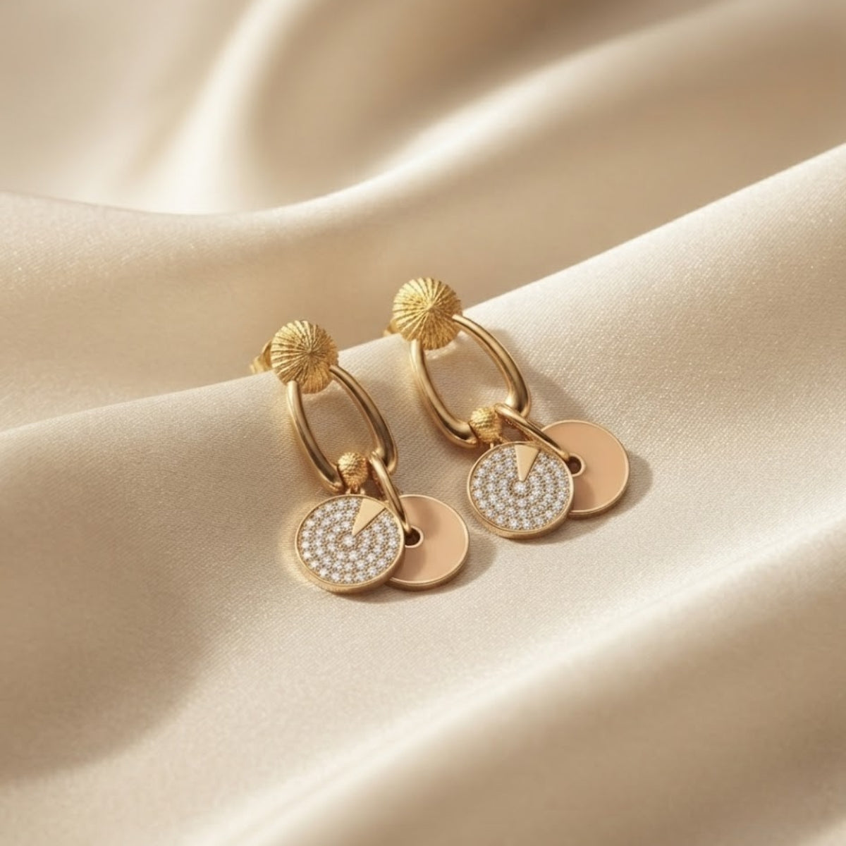 Bhavmayi Rose Gold Plated Curved Half-Hoop Earrings with Pave Crystal & Nude Enamel Dual Disc Charms