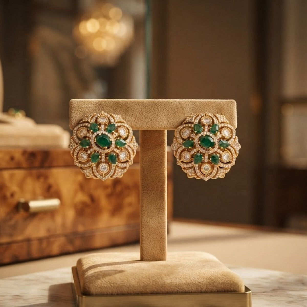 Bhavmayi Gold Plated Emerald Green Floral Cluster Medallion Stud Earrings with Micro-Pave Halos.