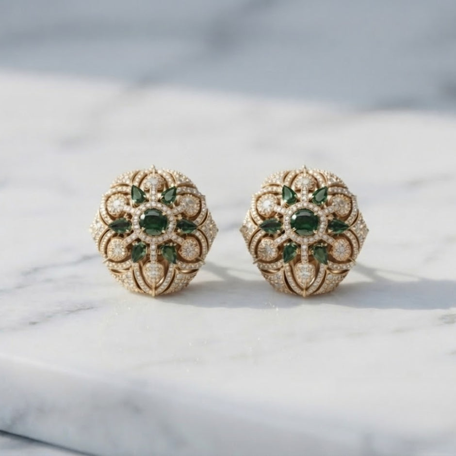 Bhavmayi Gold Plated Emerald Green Floral Cluster Medallion Stud Earrings with Micro-Pave Halos.