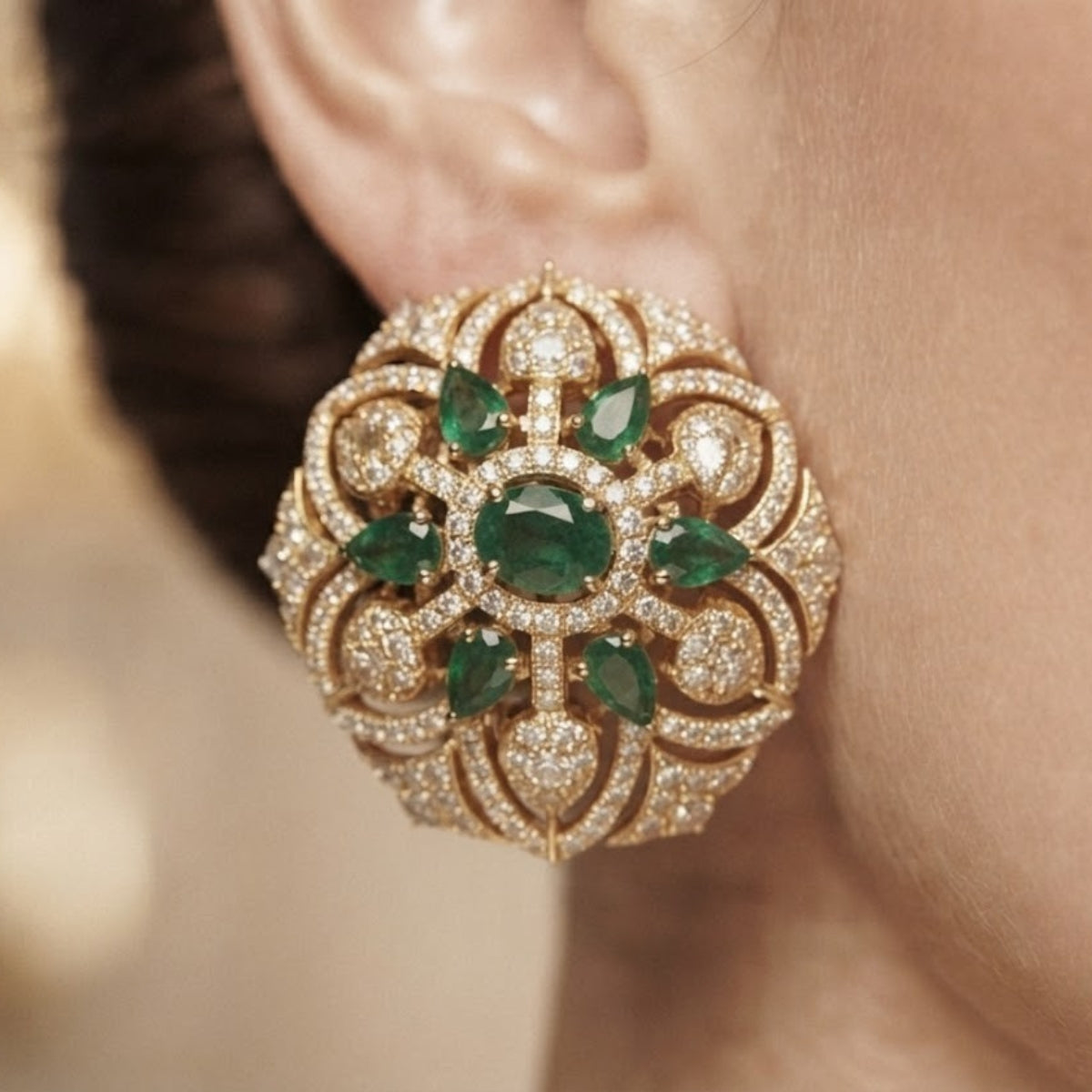 Bhavmayi Gold Plated Emerald Green Floral Cluster Medallion Stud Earrings with Micro-Pave Halos.