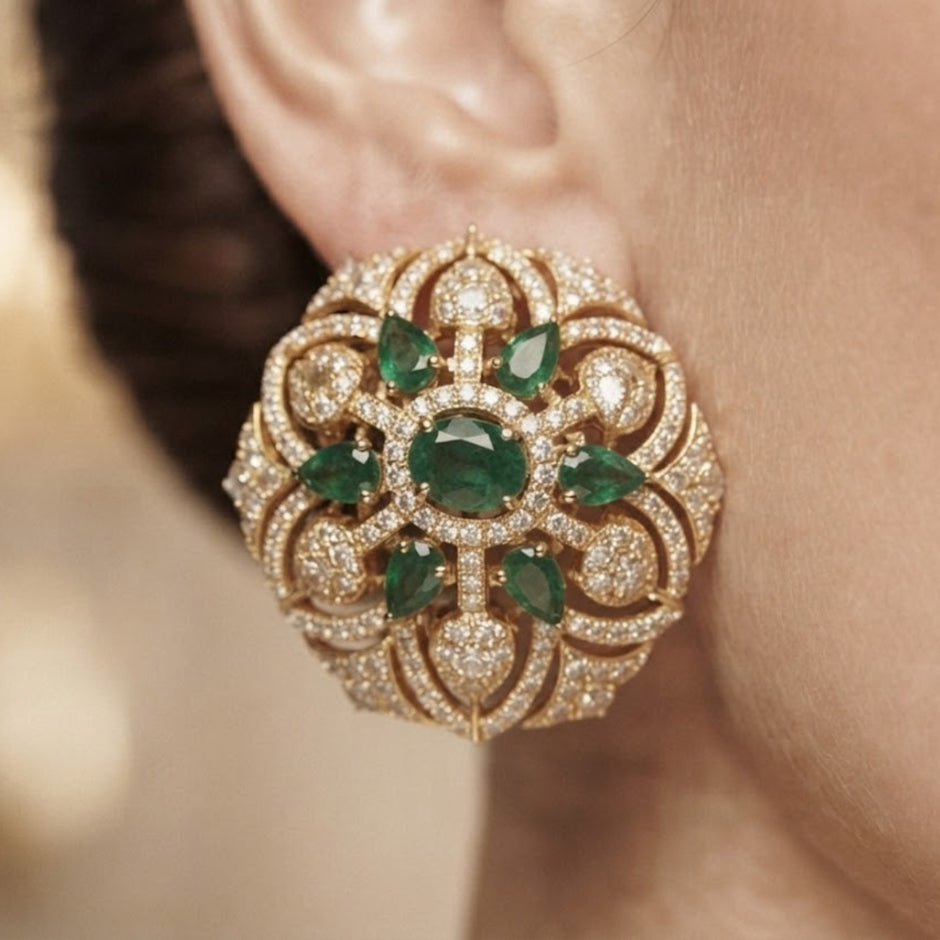 Bhavmayi Gold Plated Emerald Green Floral Cluster Medallion Stud Earrings with Micro-Pave Halos.