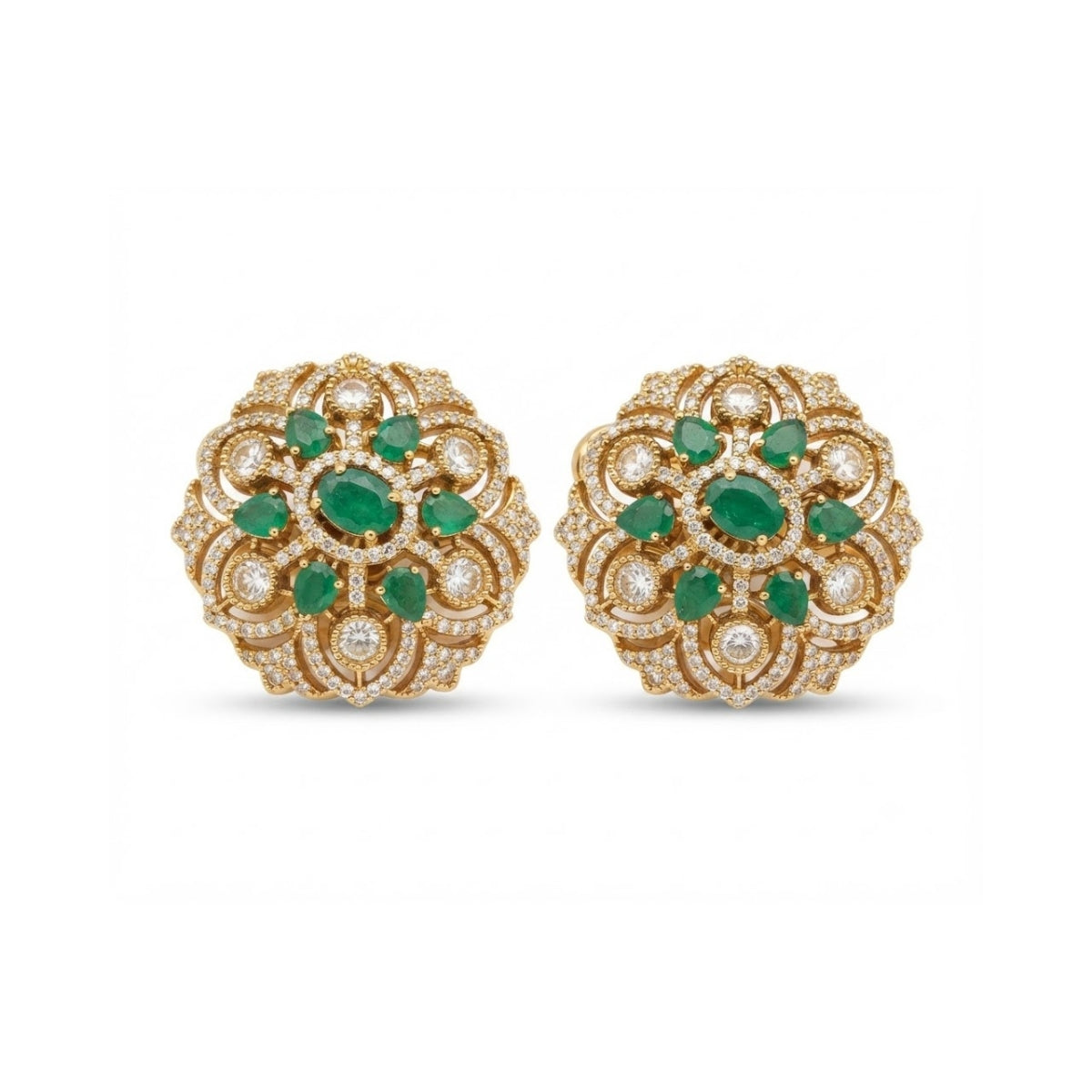 Bhavmayi Gold Plated Emerald Green Floral Cluster Medallion Stud Earrings with Micro-Pave Halos.