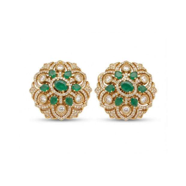 Bhavmayi Gold Plated Emerald Green Floral Cluster Medallion Stud Earrings with Micro-Pave Halos.