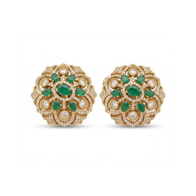 Bhavmayi Gold Plated Emerald Green Floral Cluster Medallion Stud Earrings with Micro-Pave Halos.