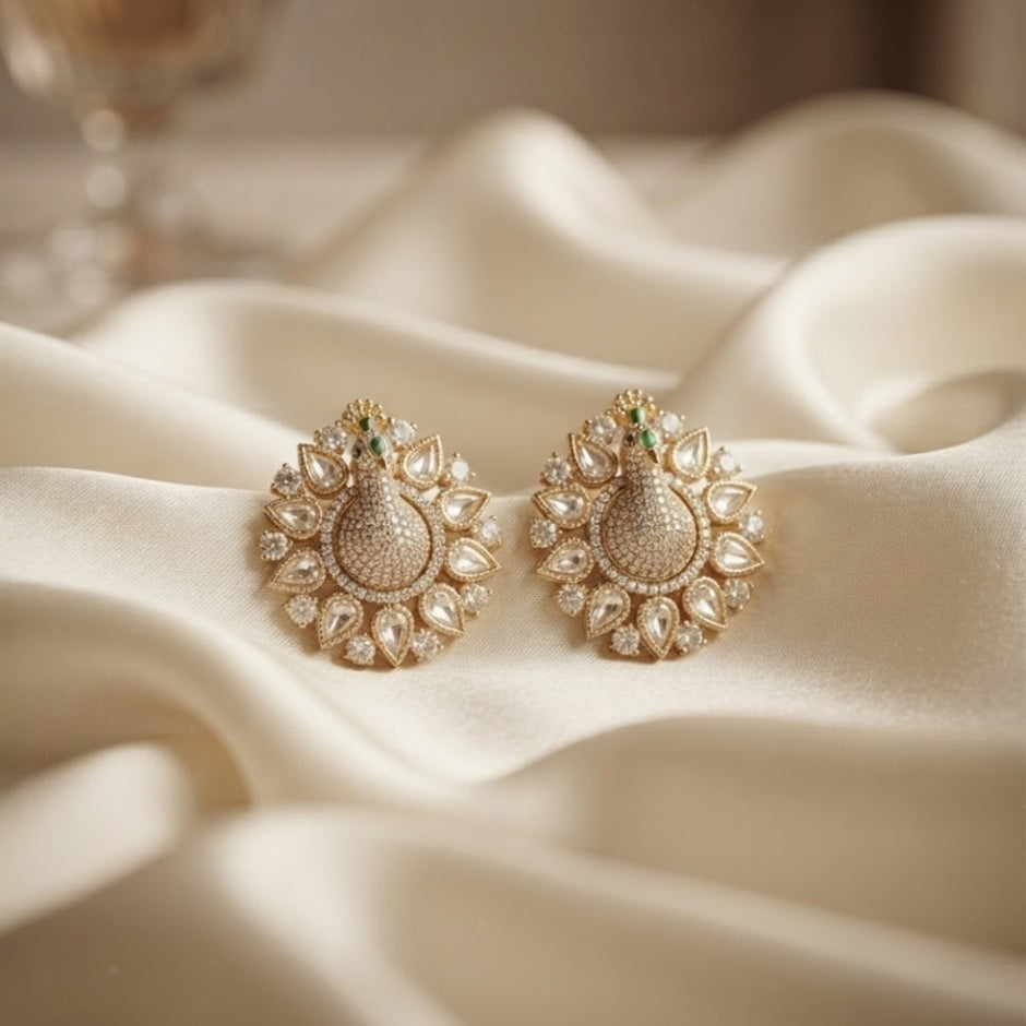 Bhavmayi 3D Pave Peacock Stud Gold Style Earrings with Fanned Polki Kundan Feather Wreath