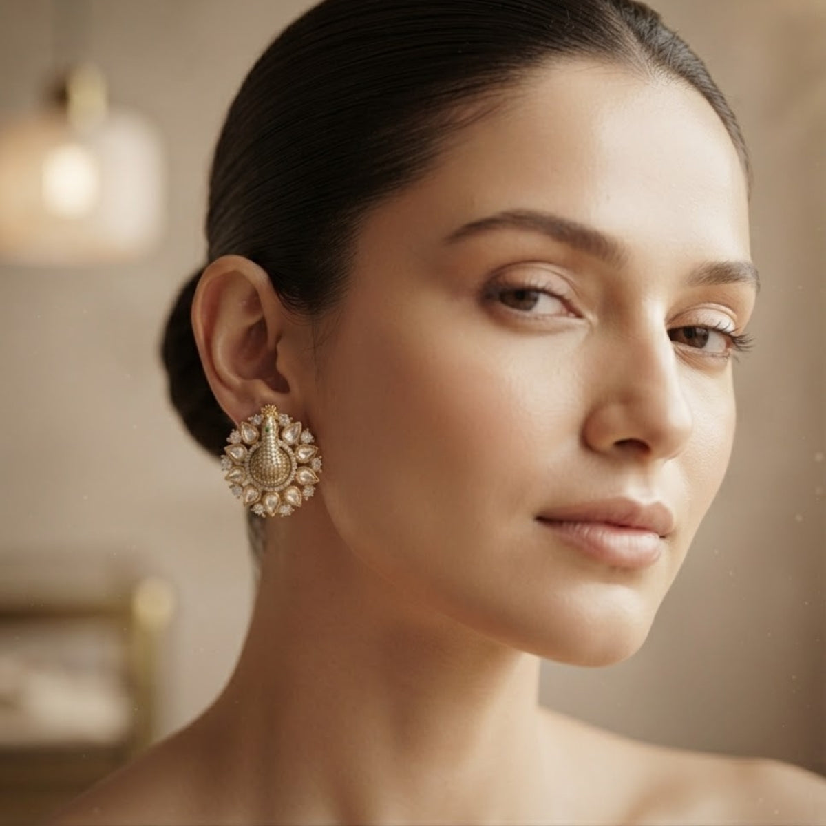 Bhavmayi 3D Pave Peacock Stud Gold Style Earrings with Fanned Polki Kundan Feather Wreath