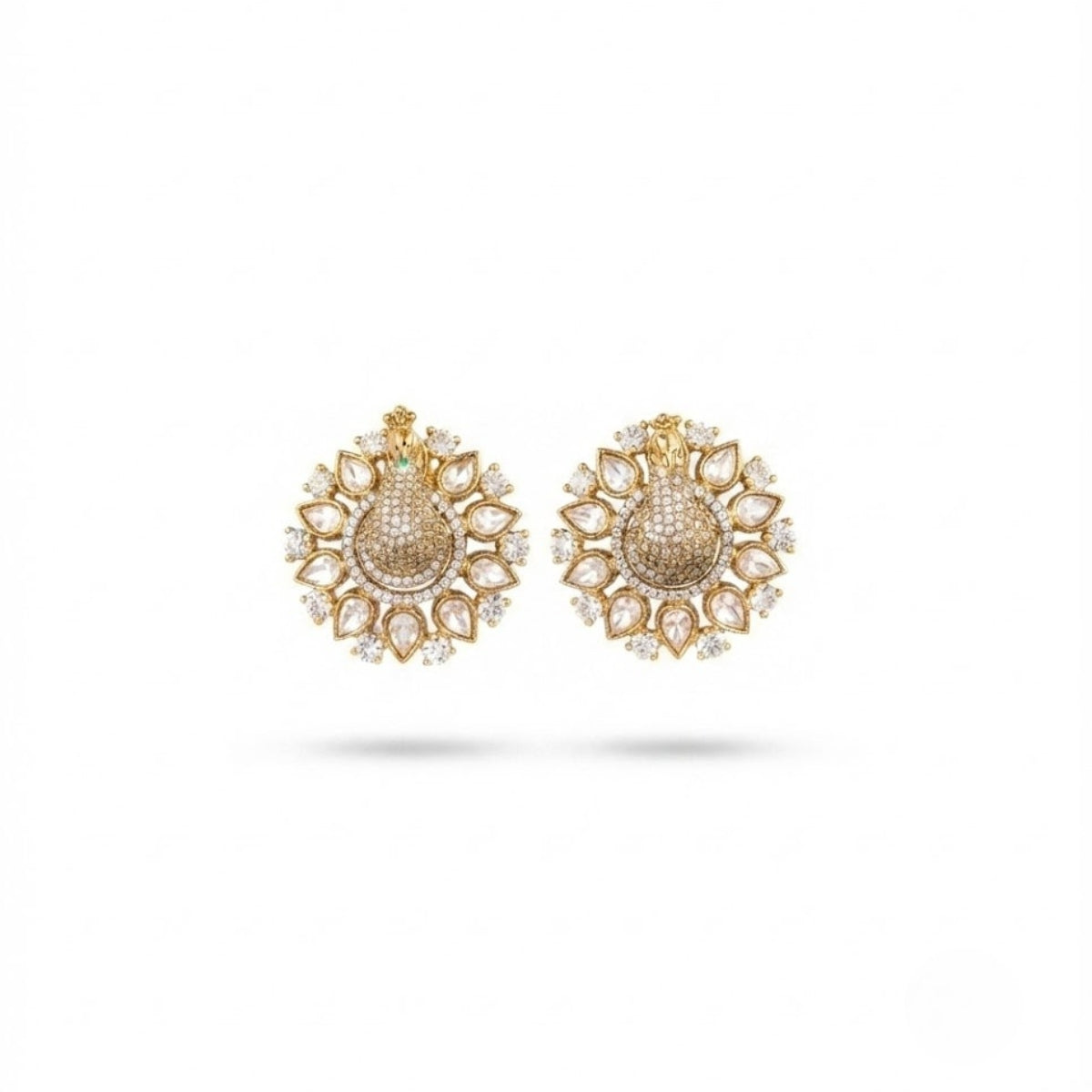 Bhavmayi 3D Pave Peacock Stud Gold Style Earrings with Fanned Polki Kundan Feather Wreath