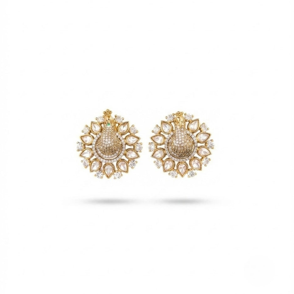 Bhavmayi 3D Pave Peacock Stud Gold Style Earrings with Fanned Polki Kundan Feather Wreath