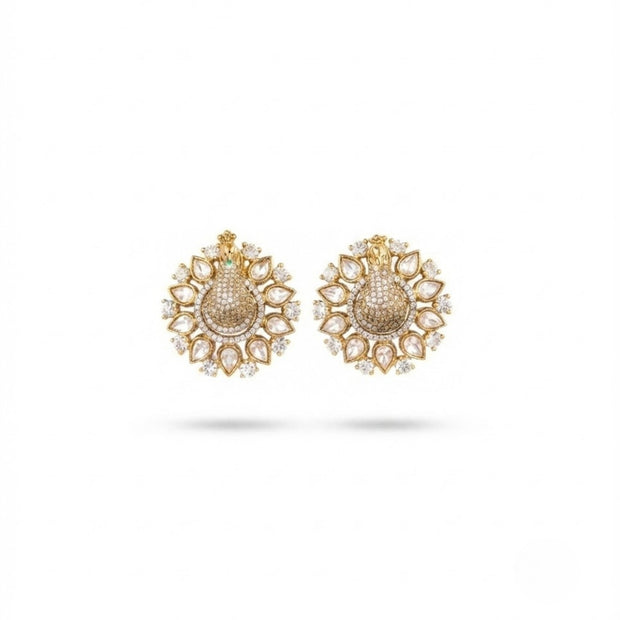Bhavmayi 3D Pave Peacock Stud Gold Style Earrings with Fanned Polki Kundan Feather Wreath