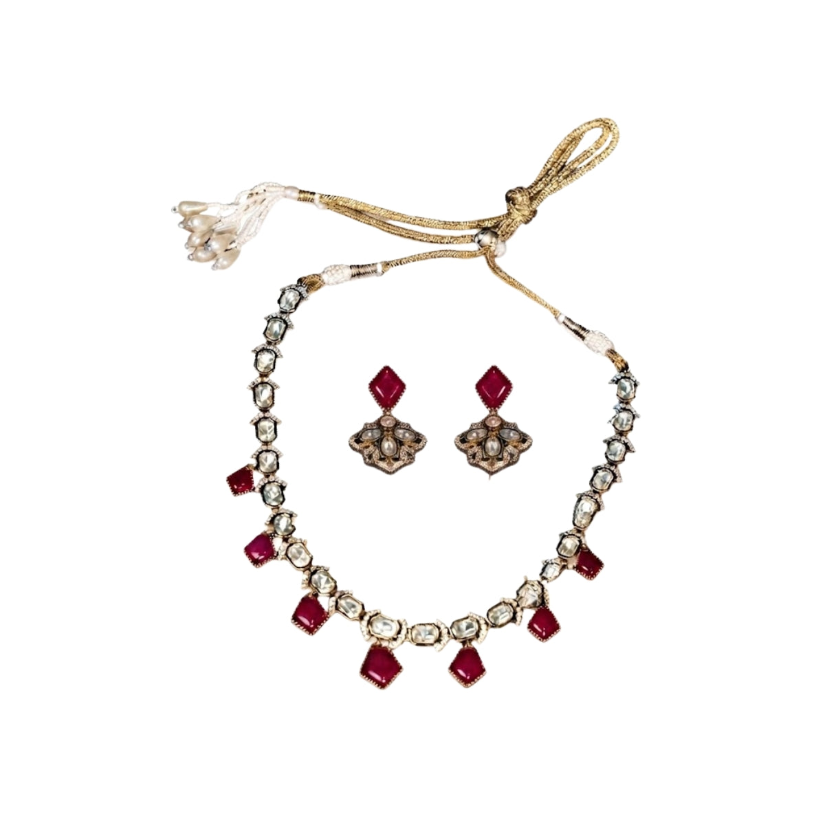 Bhavmayi Antique Gold Polki Kundan Necklace Set with Crimson Ruby Red Gemstone Drops and Matching Earrings