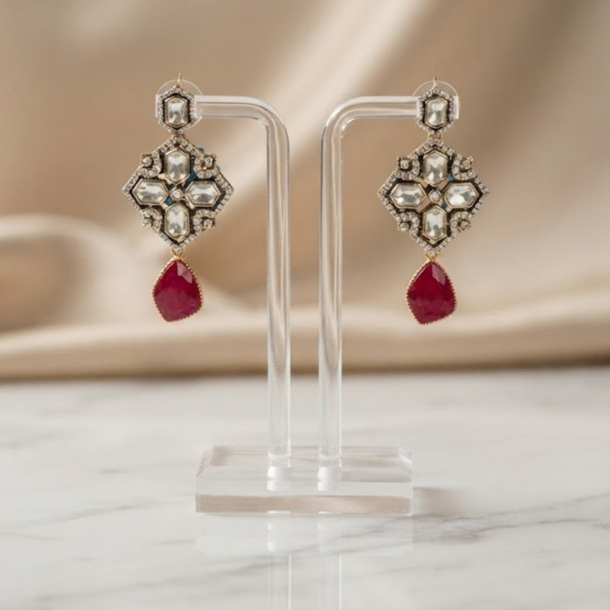 Bhavmayi Antique Gold Polki Kundan Necklace Set with Crimson Ruby Red Gemstone Drops and Matching Earrings