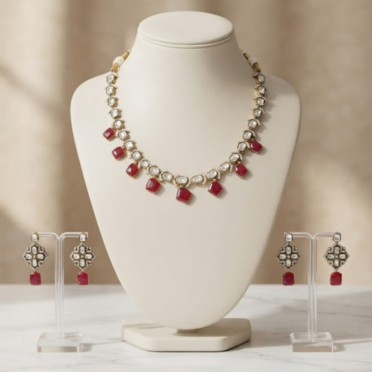 Bhavmayi Antique Gold Polki Kundan Necklace Set with Crimson Ruby Red Gemstone Drops and Matching Earrings