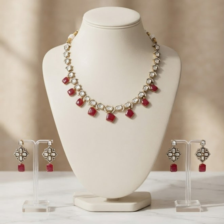 Bhavmayi Antique Gold Polki Kundan Necklace Set with Crimson Ruby Red Gemstone Drops and Matching Earrings