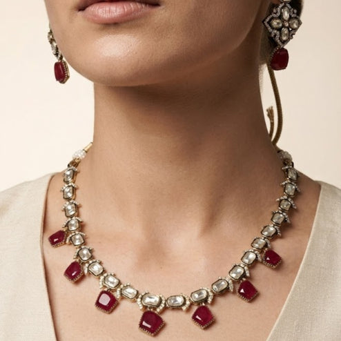 Bhavmayi Antique Gold Polki Kundan Necklace Set with Crimson Ruby Red Gemstone Drops and Matching Earrings